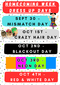 homecoming dress up days flyer: text in message