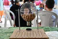 Bingo board with container for spinning and picking bingo number balls